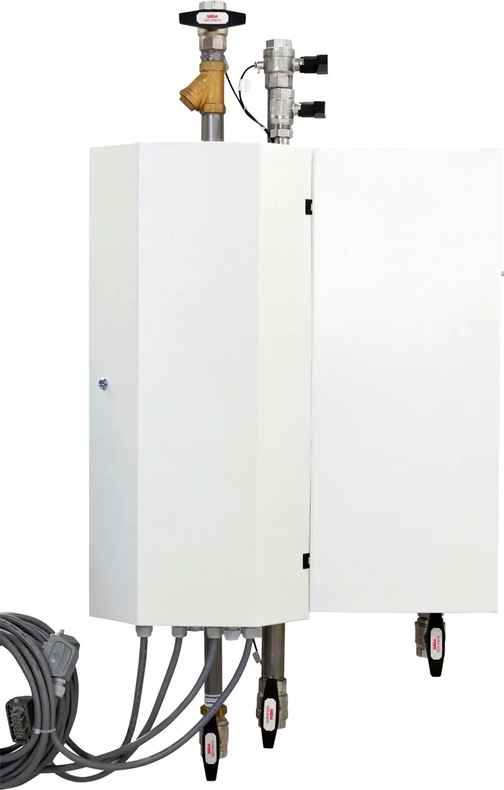 Modul mit mehreren Anschlüssen für Heizkreise, montiert an Wand, mit Sonden und Ventilen für Steuerung, von Bosch.